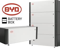 סוללות ליתיום LiFePO4 51.2V 100AH 5.12KWH של BYD, המיועדות לאחסון אנרגיה סולארית ולשילוב במערכות פוטו-וולטאיות, מוצגות בתצורות אנכיות ואופקיות הניתנות לערימה; לוגו BYD והכיתוב "Battery Box" מציינים את התאמתן לתשתיות אנרגיה מתחדשת וליישומים לייצור חשמל יעיל.
