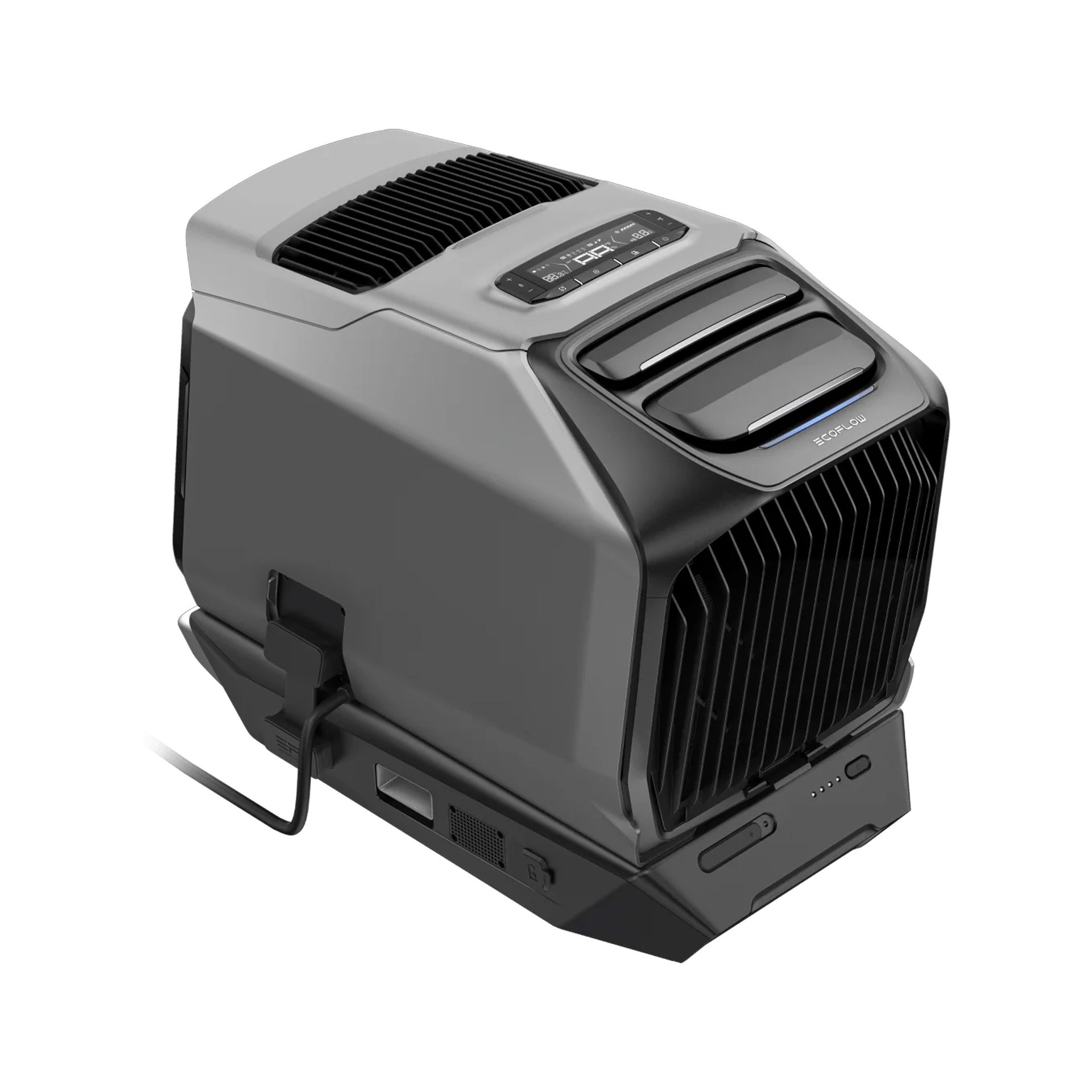 מזגן נייד EcoFlow WAVE 2 בצבעים שחור ואפור, עם בקרים דיגיטליים ופתחי אוורור, המיועד לשילוב עם אנרגיה סולארית.