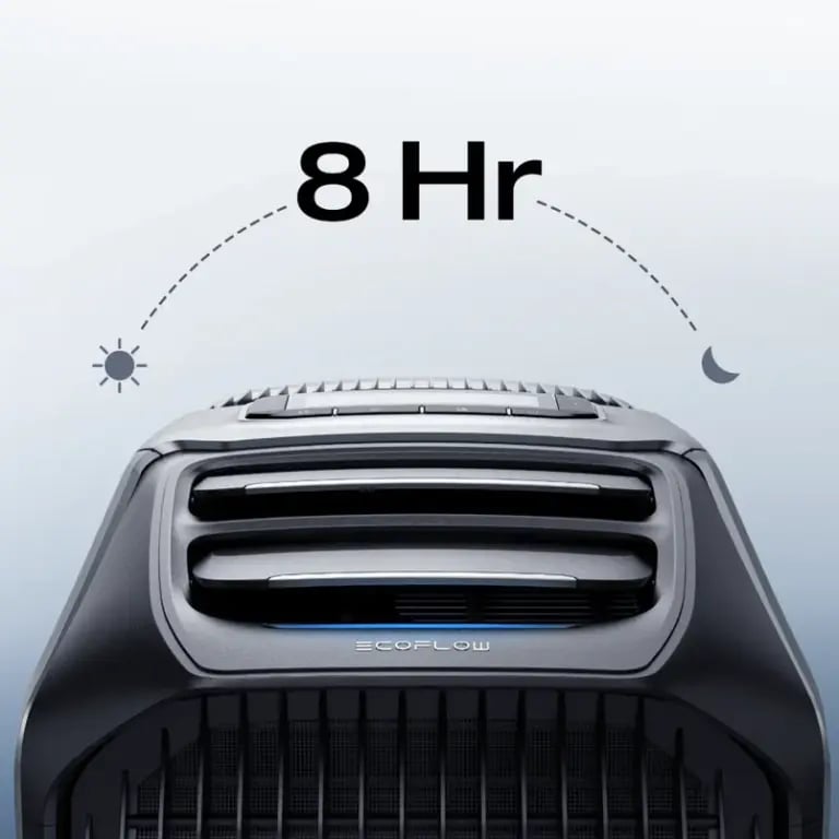 תקריב של מזגן נייד המופעל באנרגיה סולארית EcoFlow WAVE 2 עם סמל