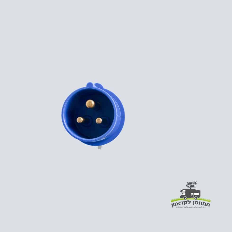 שקע כניסה קבוע עגול בעל 3 פינים לחיבור גנרטור וטעינת מערכות אנרגיה סולארית - אידיאלי לתחנות כוח ניידות או לשילוב במערכות אגירת אנרגיה פוטו-וולטאית. רכיב זה, המוצג על רקע אפור עם לוגו קטן בפינה, תומך בתשתית אנרגיה מתחדשת יעילה ובפתרונות אנרגיה סולארית מחוץ לרשת החשמל.