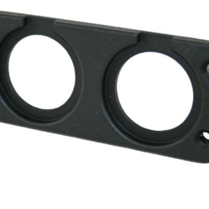 פלטת הרכבה מפלסטיק מלבנית שחורה עם שני חתכים עגולים וארבעה חורי ברגים, המיועדת לשילוב שקעי USB או תצוגה במערכות אנרגיה סולארית, מערכי חשמל פוטו-וולטאיים, או תשתית אנרגיה מתחדשת כגון תחנות כוח ניידות וקרוואנים; מוצג על רקע לבן.