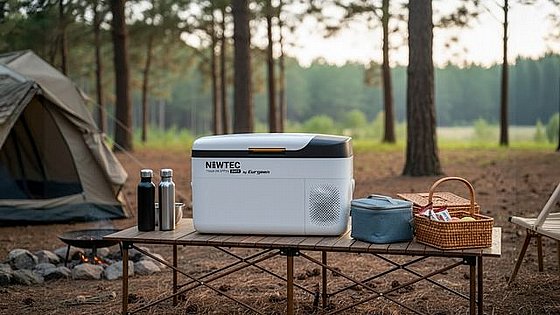 מקרר/מקפיא המופעל באנרגיה סולארית Newtec 23L, בקבוקי מים וסלי פיקניק על שולחן באתר קמפינג עם אוהלים ופנלים סולאריים.