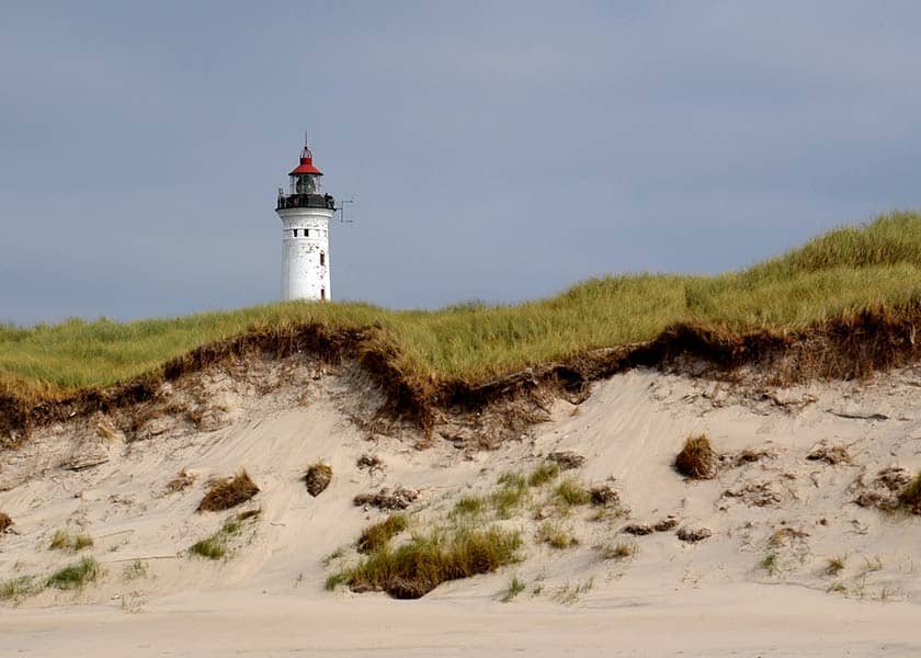 Lyngvig Fyr titter op over klitterne, set fra strandsiden - fyret syner i stor fra denne side