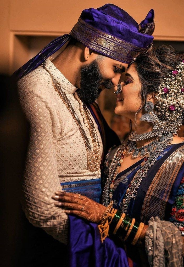 Night Blue Nauvari Marathi Wedding Dress for Couple