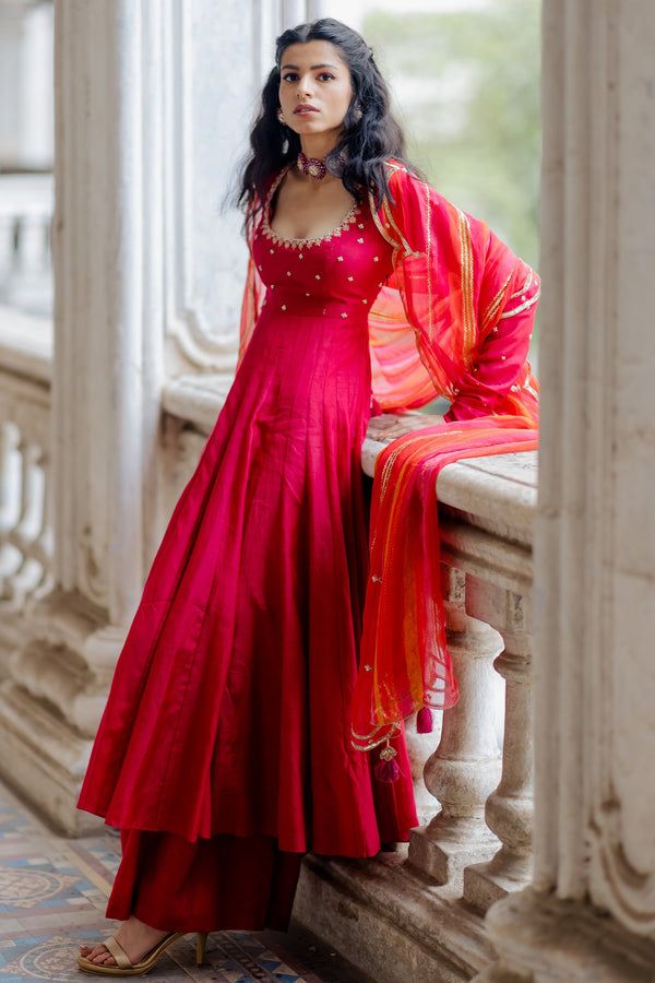 Rani Red Palazzo Anarkali Kurti with Dupatta