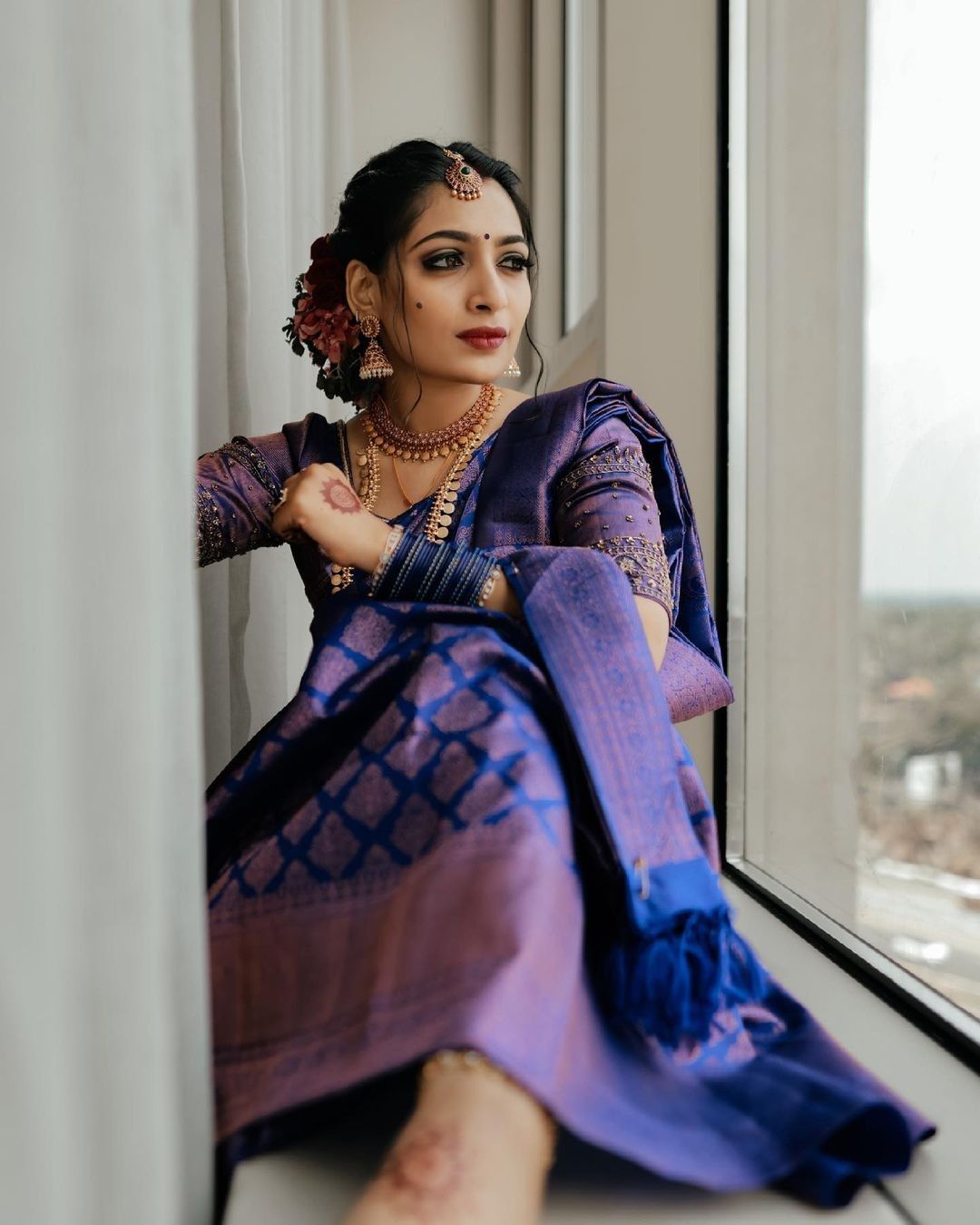 Violet Tone Peacock Blue Bridal Saree