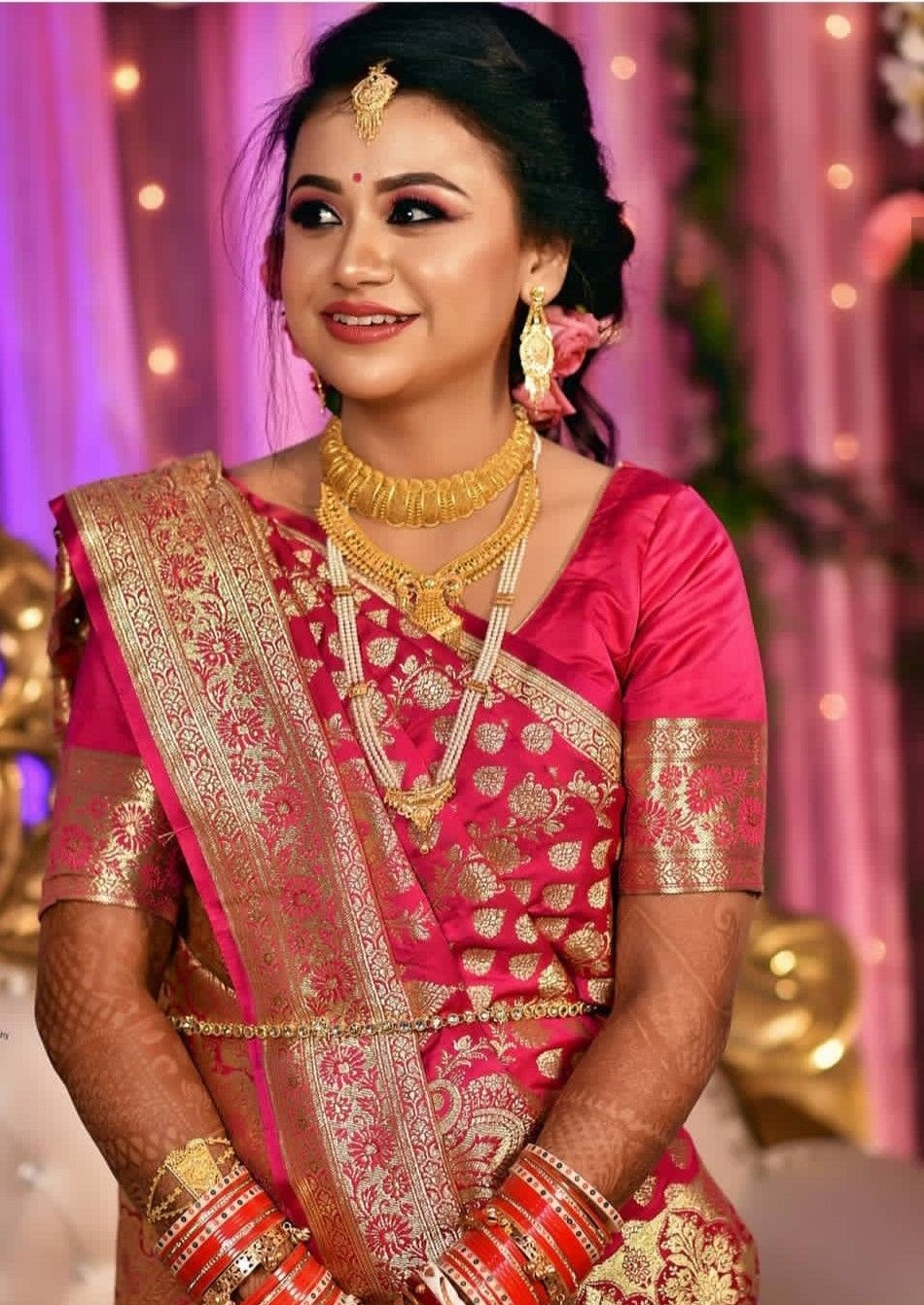 Pink Benarasi Reception Look Bengali
