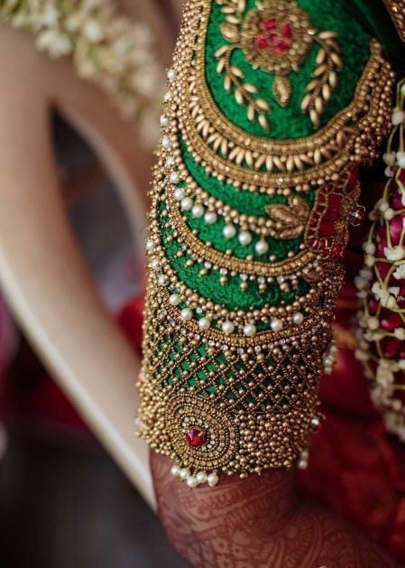 The 3D Maggam Work Green Bridal Blouse Designs