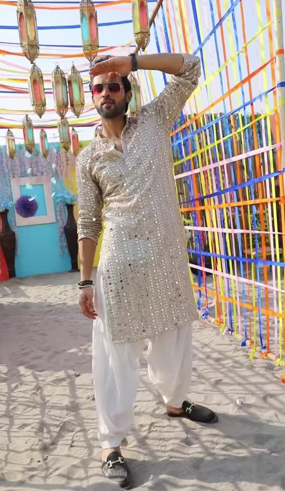 White Sequin Wedding Kurta for Men