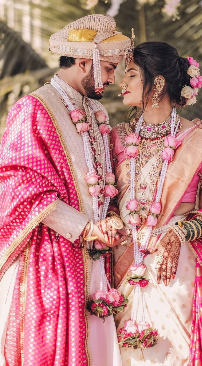 Pastel Pink Nauvari Marathi Wedding Dress for Couple