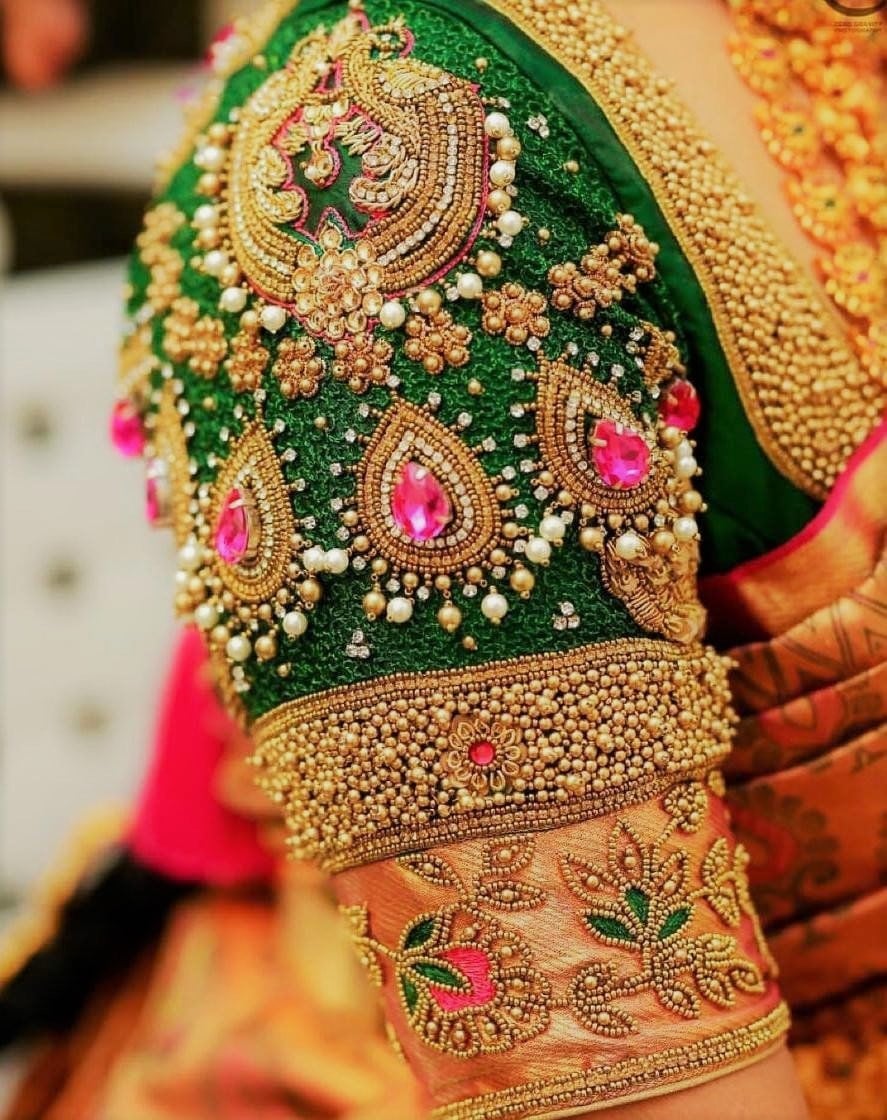 Kundan Zardosi Work Green Bridal Blouse Designs