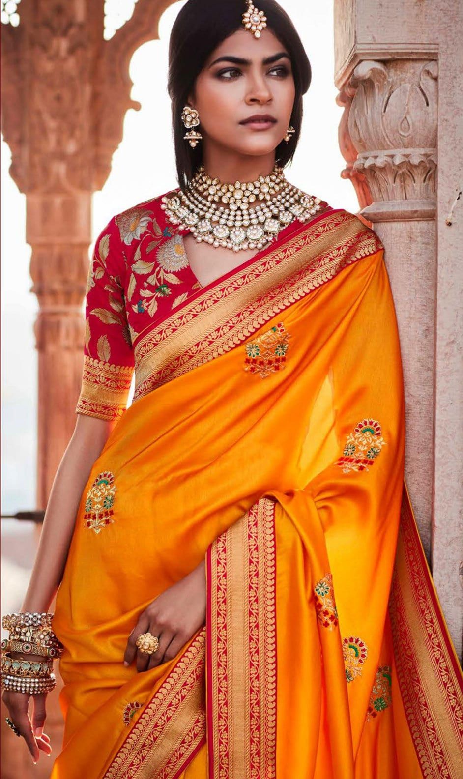 Orange Pattu Saree in Yellow
