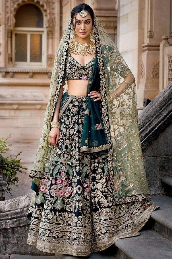 Mirror Work Green Bridal Lehenga