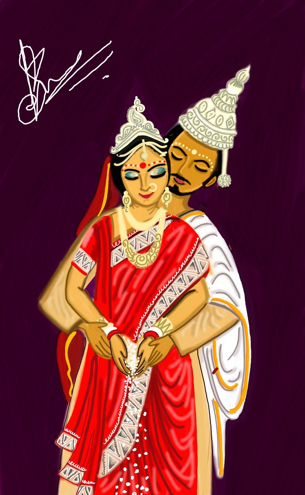 Loving Couple Illustration Bengali Wedding Card Design