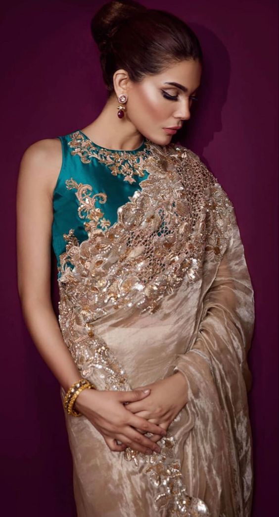 Gold Colour Sari with Sequin Embroidery