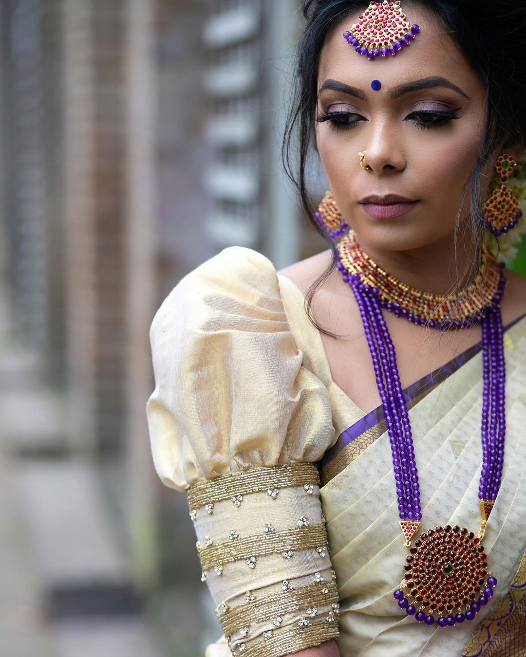 White Puff-Sleeve Blouse with Golden Intricacies