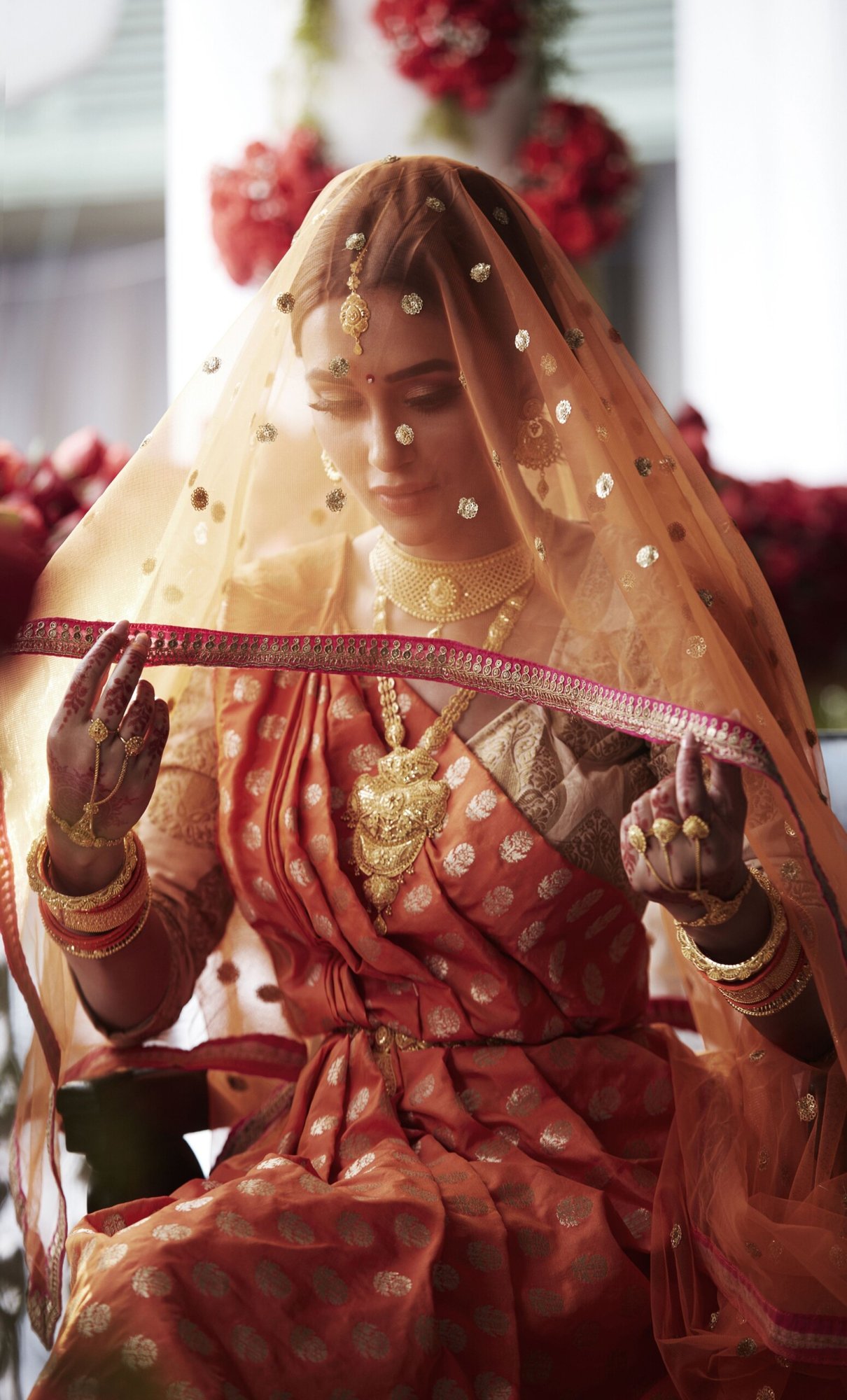 Orange Benarasi Bengali Reception Saree with Viel