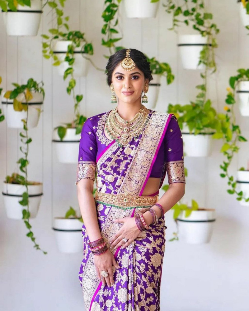 Lichi Silk Bridal Purple Banarasi Saree