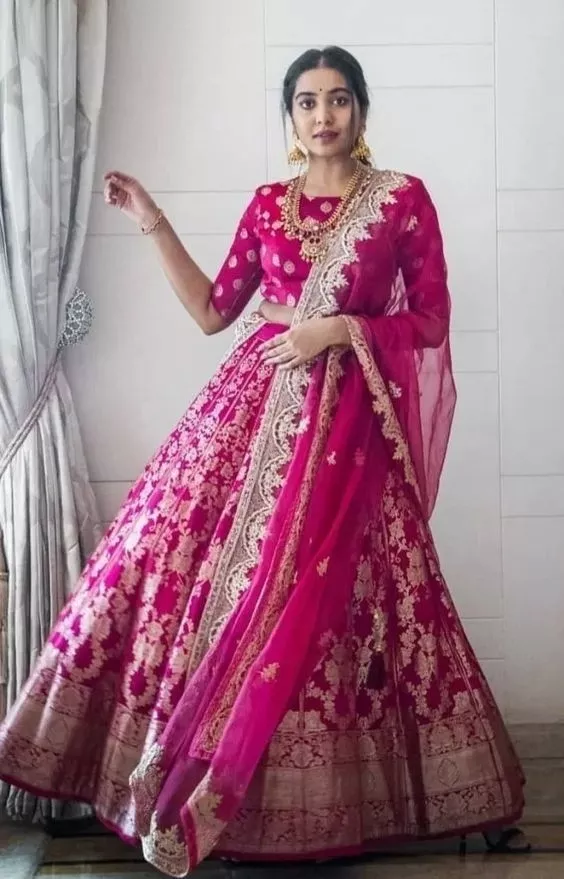 Pink Banarasi Lehenga With Banarasi Dupatta
