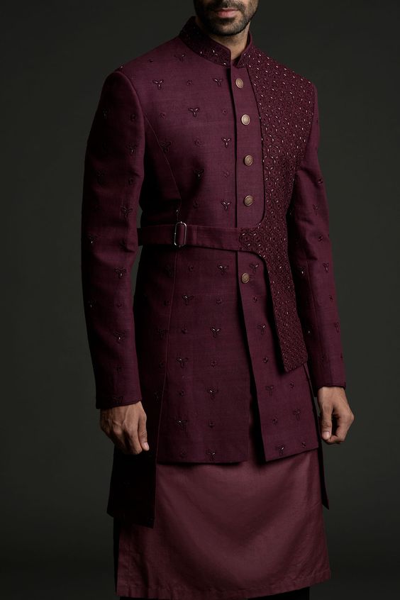 Dark Plum Resham Wedding Kurta for Men