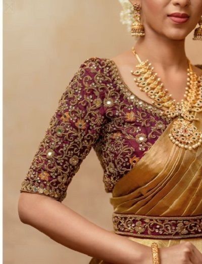 Aari Work Blouse Designs in Brownish Red