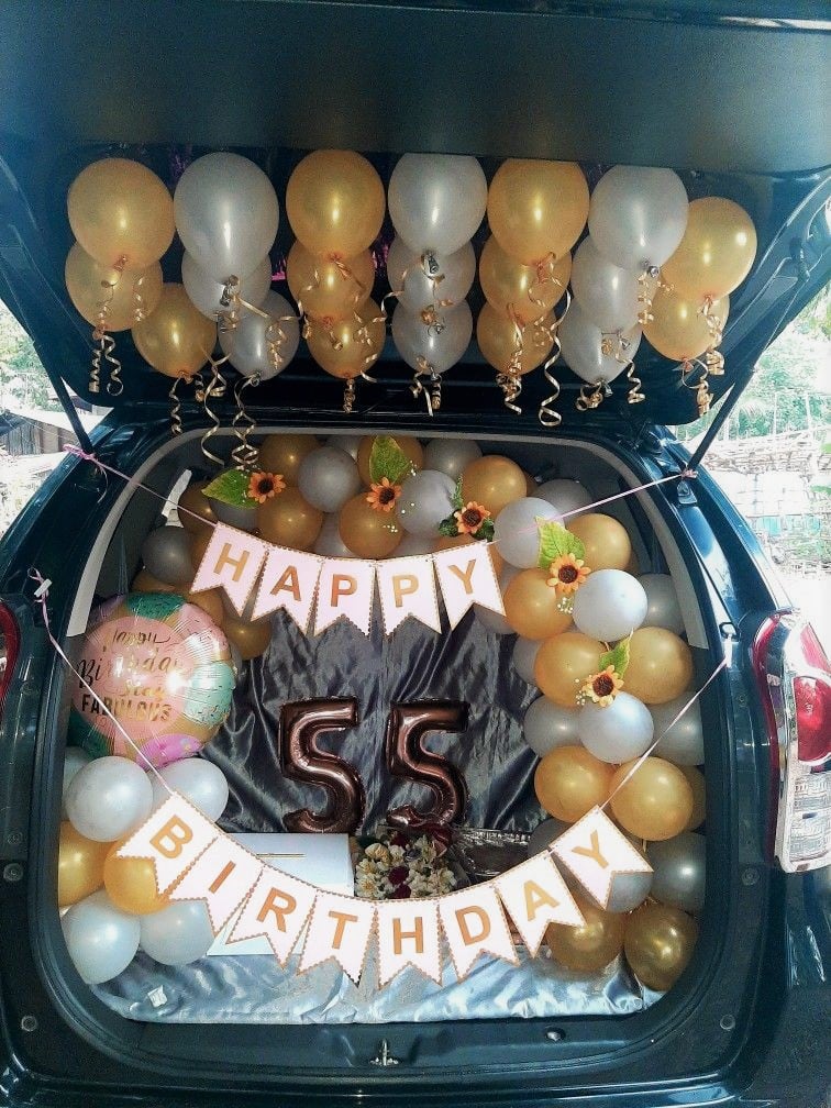 Golden and White Balloons Car Decoration for Birthday