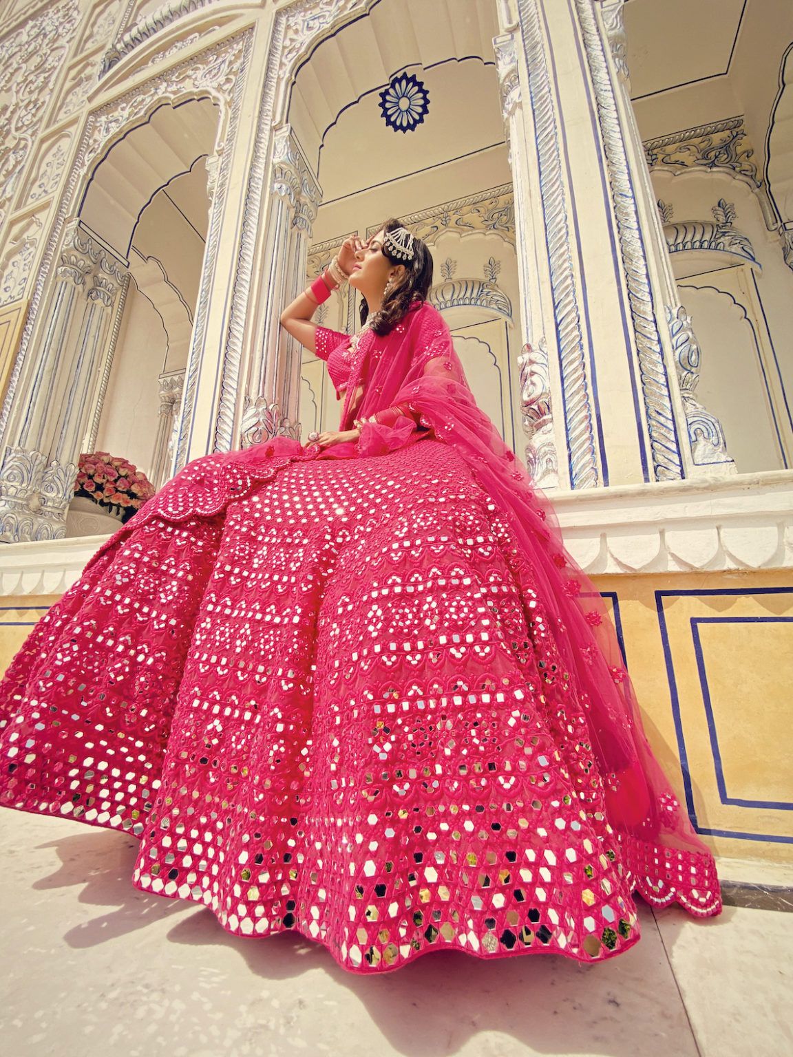 Pink Banarasi Lehenga with White Collard Top