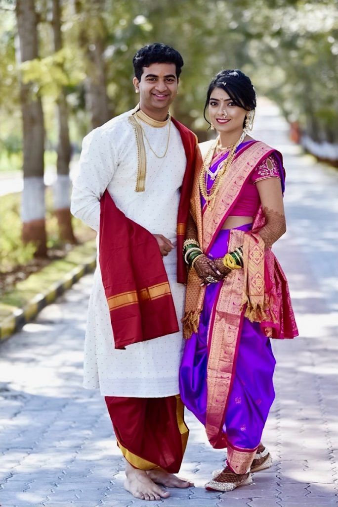 Contrasting Nauvari Marathi Wedding Dress for Couple