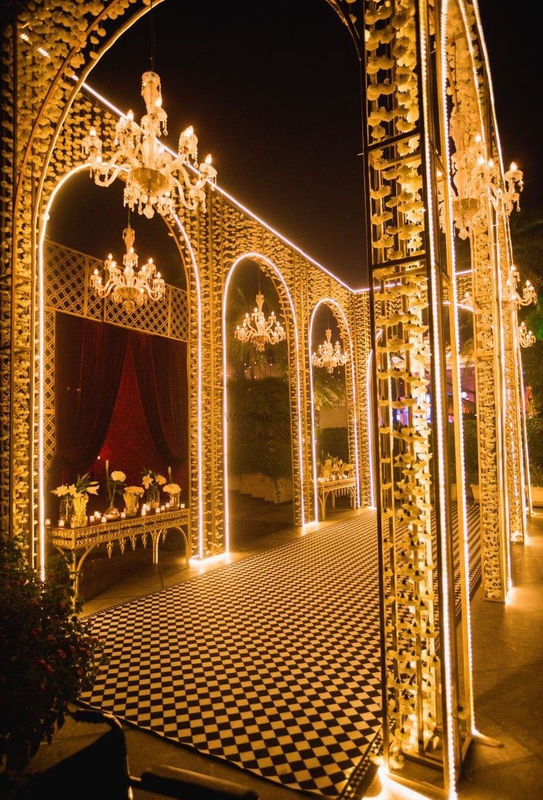 Cinematic Yellow Lights Front Gate Wedding Entry Gate Decoration