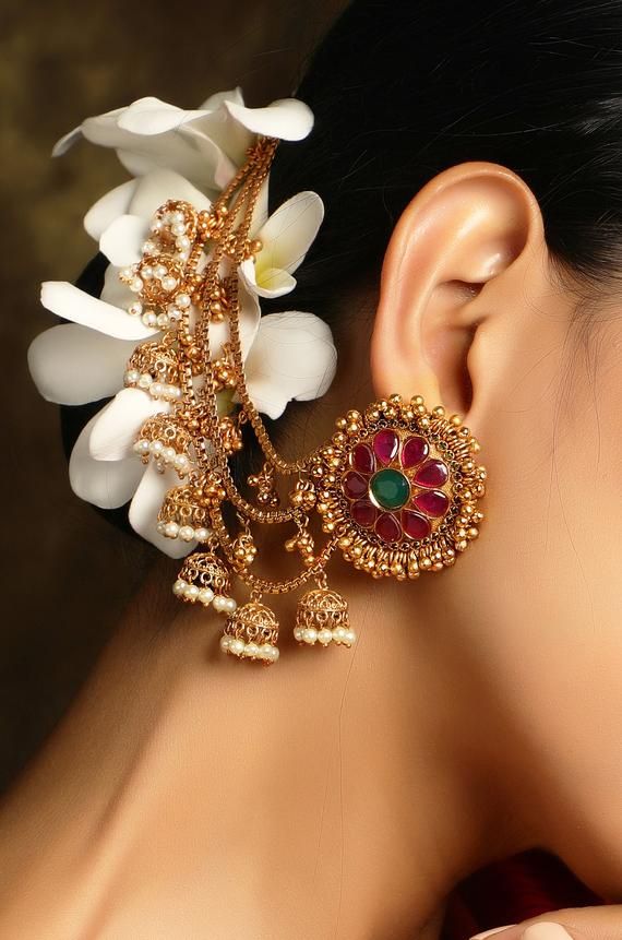 Stud Earring with Chain in Temple Jewellery Set