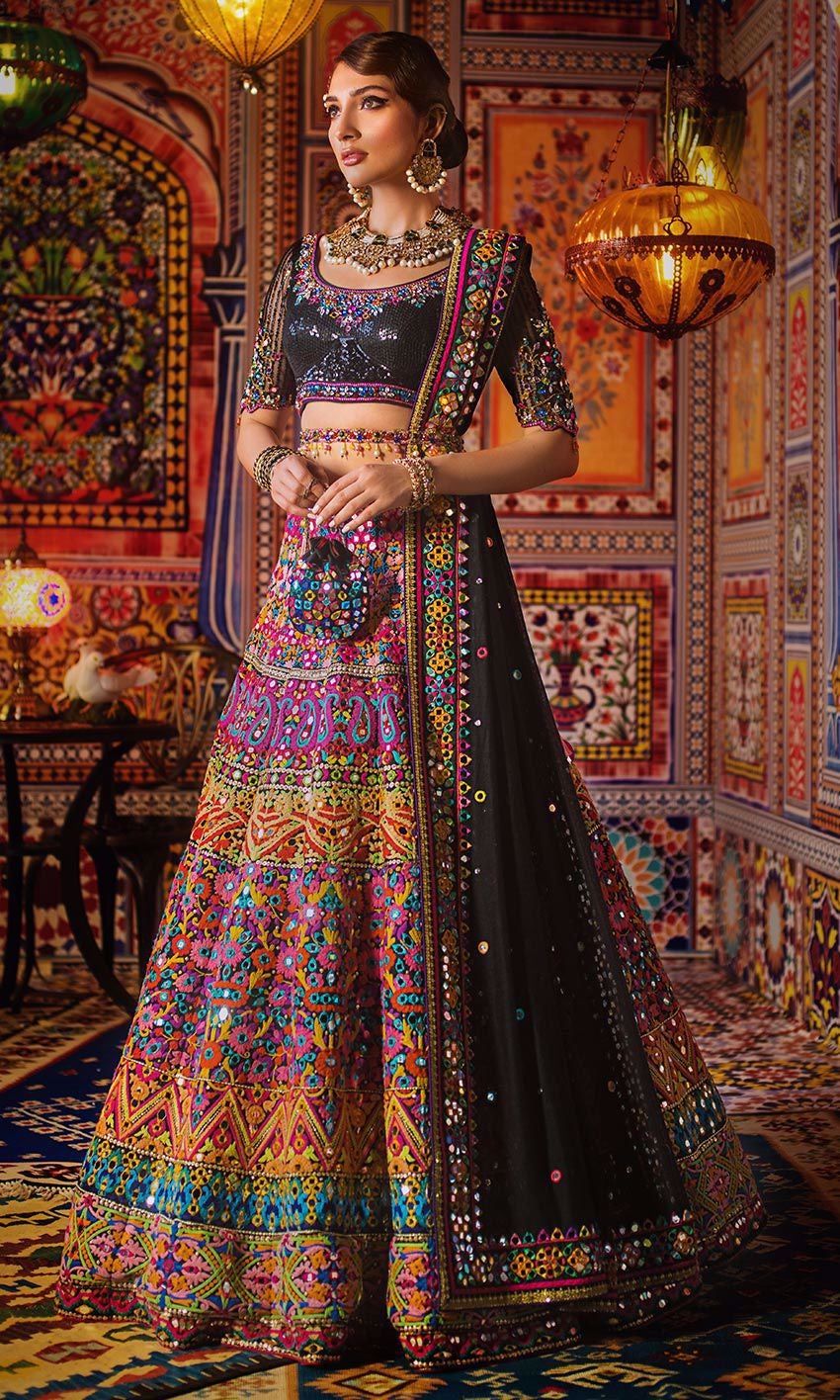 Gujarati Mirrorwork Black Phulkari Dupatta