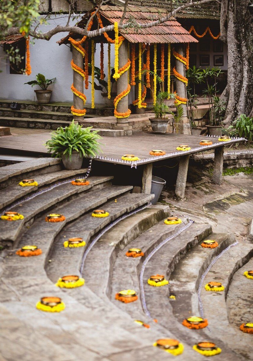 Floral Staircase Rangoli Pelli Mandapam decoration