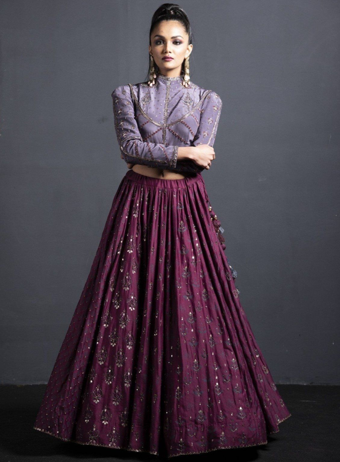 High Fashion Lilac and Marsala Crop Top Lehenga