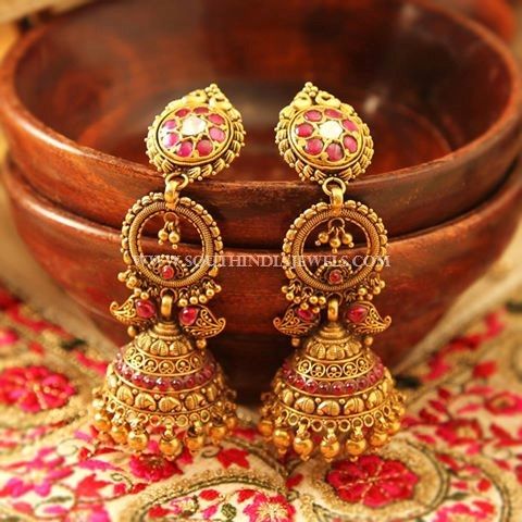 Red Stones Bridal Heavy Gold Jhumka Design