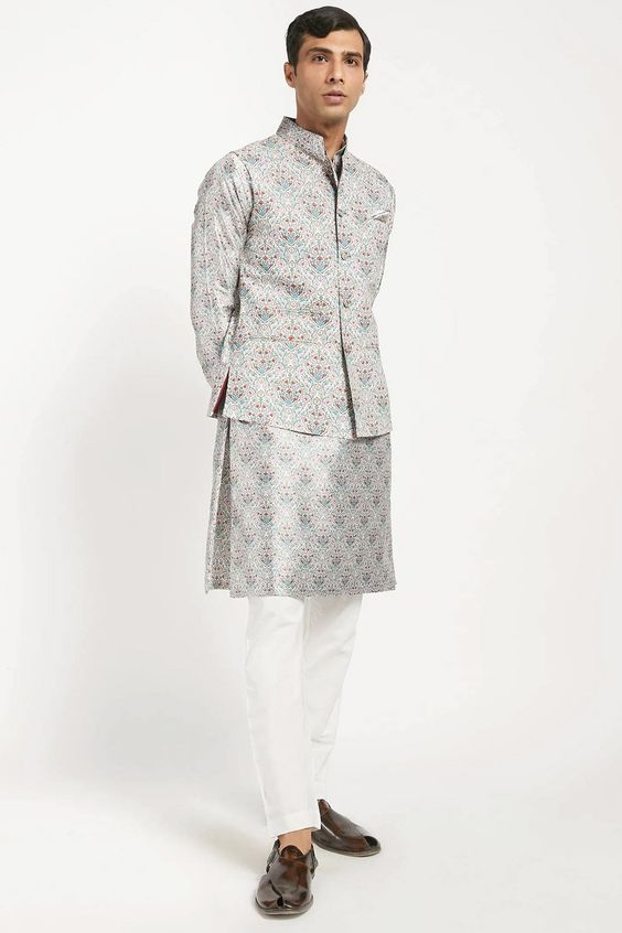 Grey Printed Cotton Bandi Wedding Kurta for Men