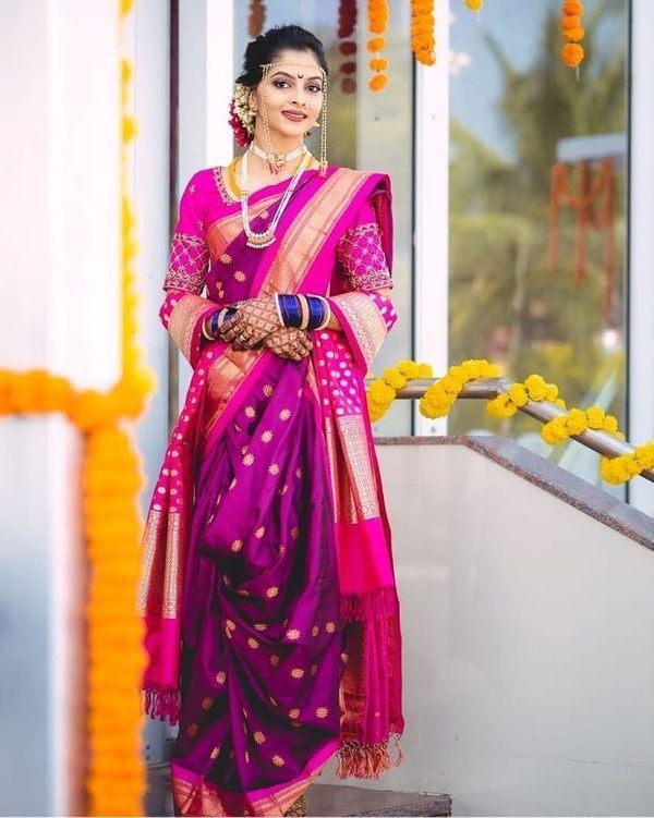Queen Pink Marathi Wedding Paithani Saree and Shawl