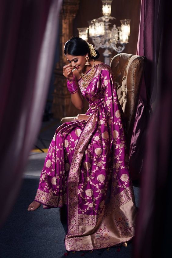 Magenta Meenakari Benarasi Saree for Bengali Wedding