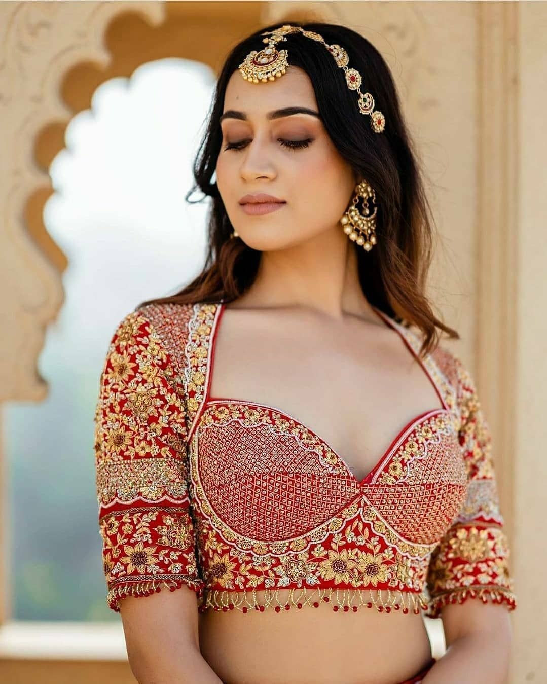 Red Chikankari Prince Cut Blouse with Sweetheart Neckline