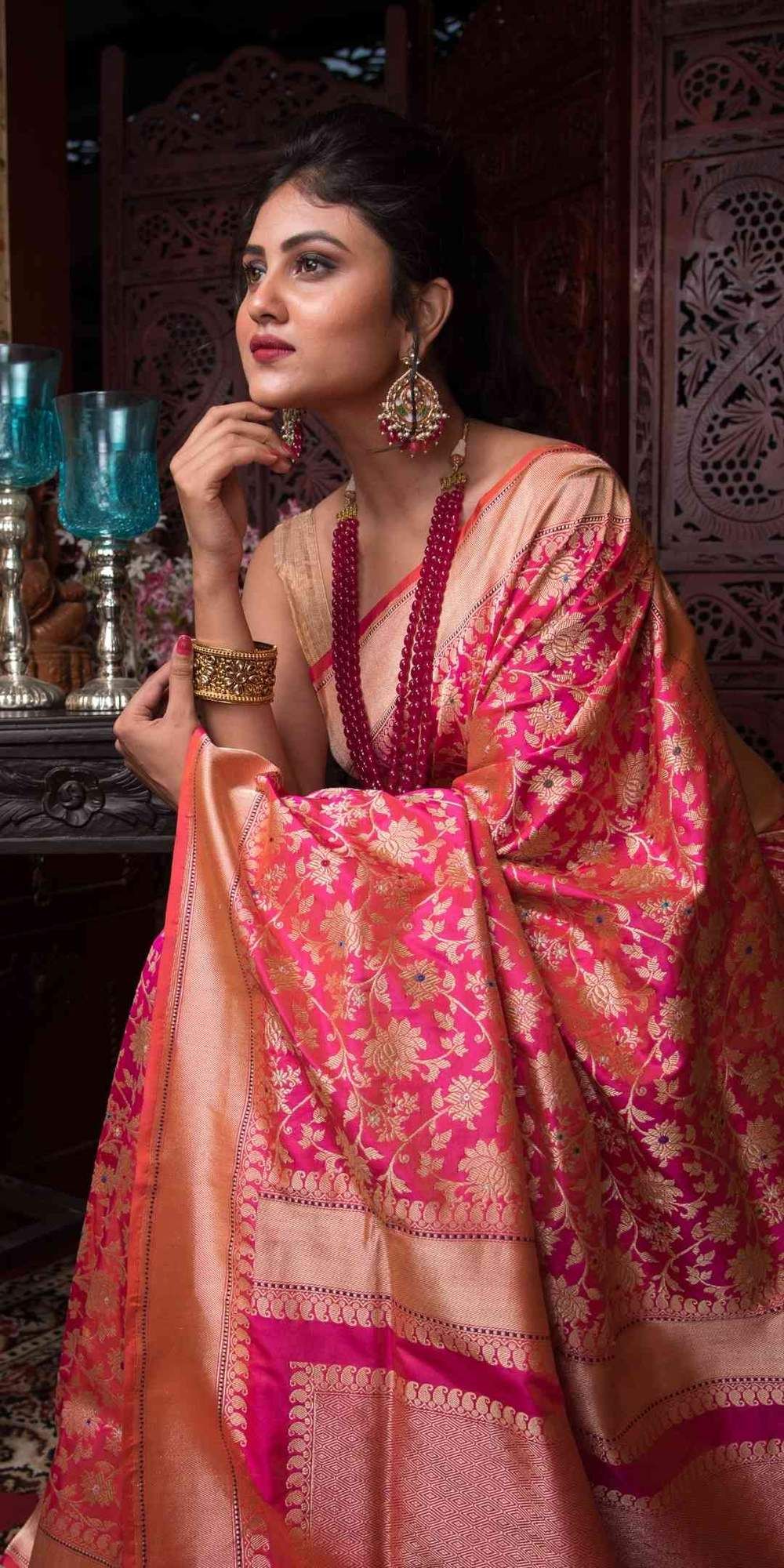Hot Pink Katan Benarasi Saree for Bengali Wedding