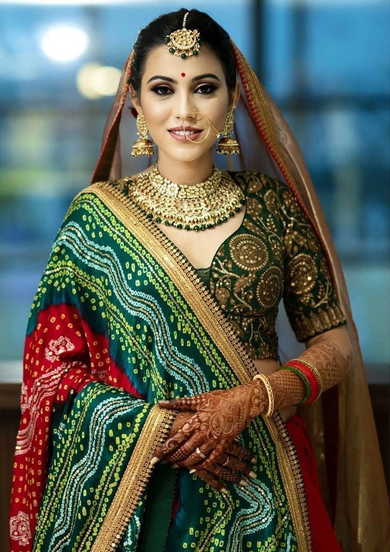 Net Dupatta With Red and Green Bridal Lehenga