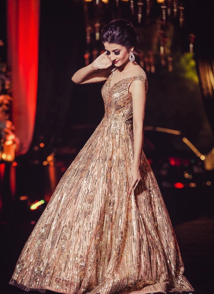 Golden Sequin Gown Sangeet Dress for Bride