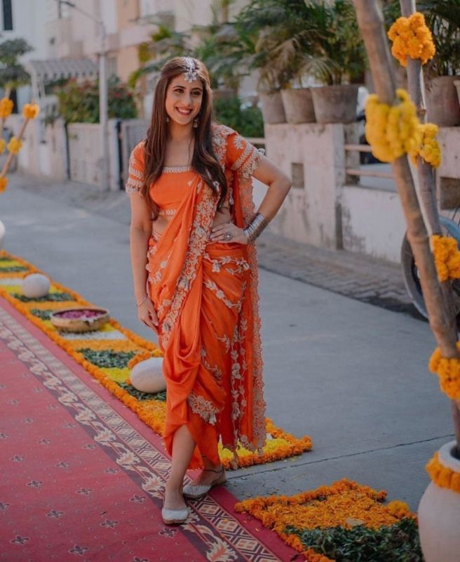 Saffron Dhoti Saree with Pashmina Work