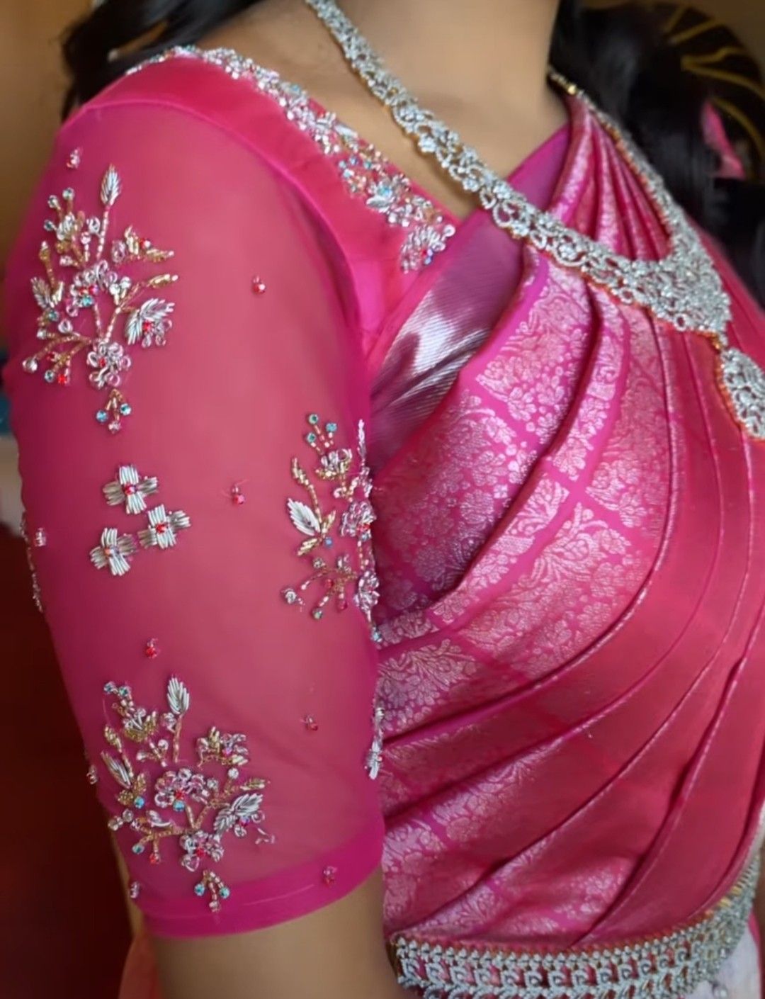 The Low Cut Mirror Work Pink Wedding Blouse Designs