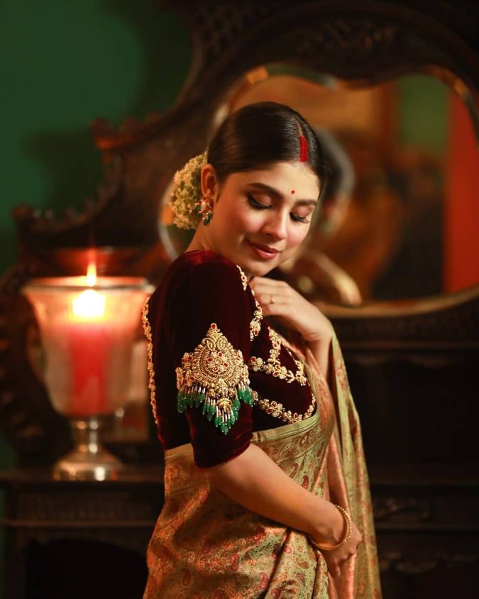 Ruby Ornamental Velvet Benarasi Blouse Design for Bengali Wedding