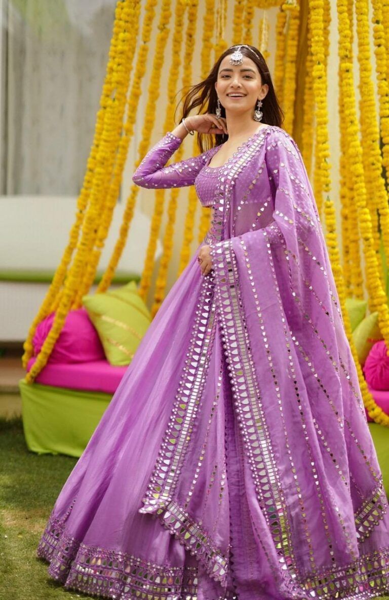 Mauve Purple Mirrorwork Sangeet Dress for Bride
