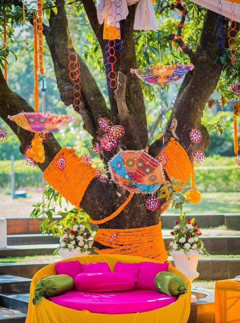 Umbrella on the Tree Easy Haldi Decoration at Home