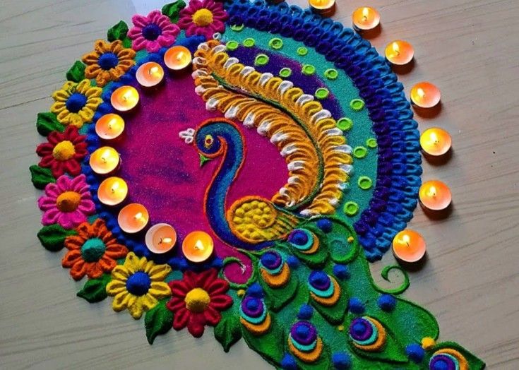 Peacock Rangoli Designs with ‘Diyas’