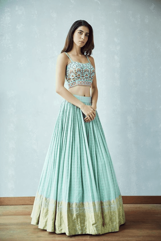 Pastel Blue Spaghetti Sleeve Crop Top Lehenga