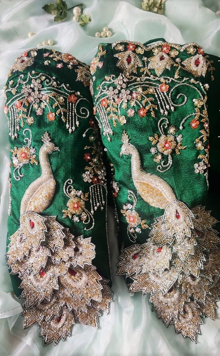 Mango Motif and Patchwork Green Bridal Blouse Designs