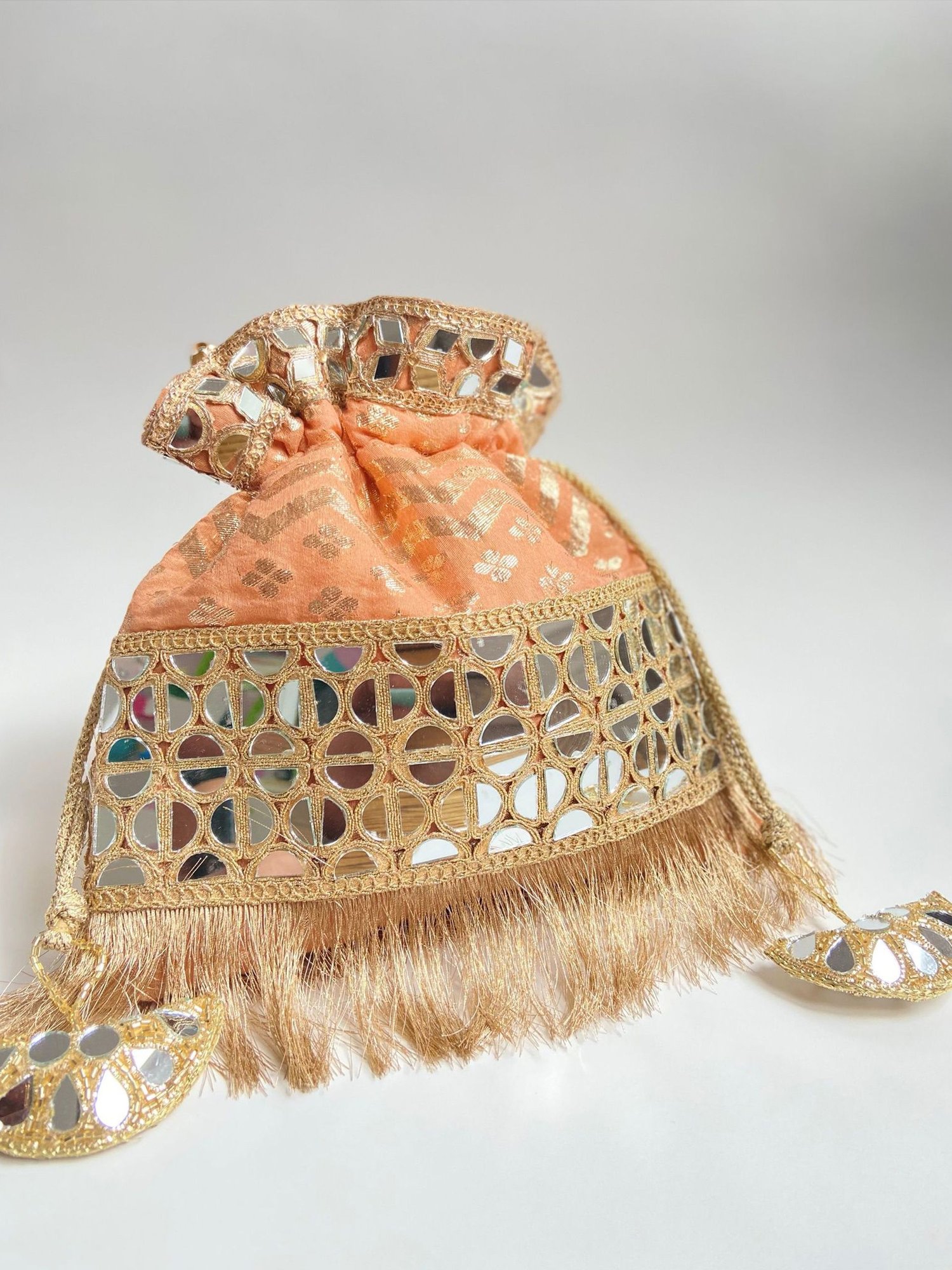 Peach Gold Mirrorwork Bridal Potli Bags
